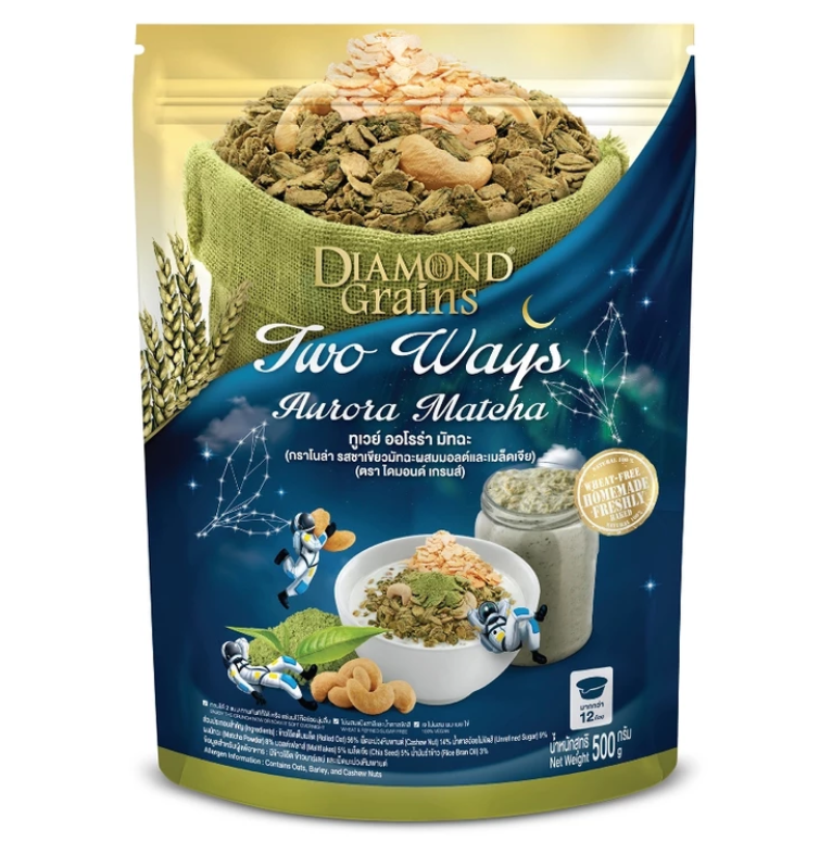 Diamond Grains Two-Way 燕麥脆片 500g – 抹茶口味 Aurora Matcha | 低糖 無精製糖 100% 純素